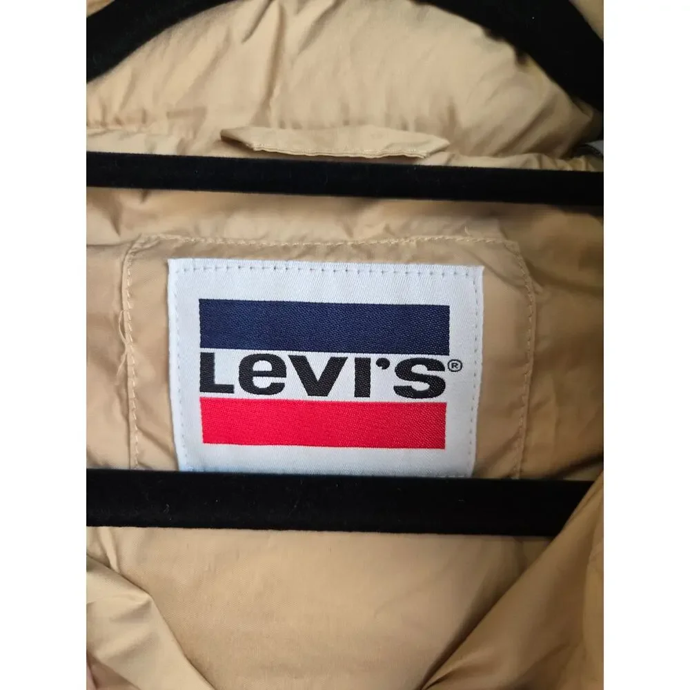 Levi's 733 Box Quilted Puffer Jacket Tan Beige S Small Pockets Full Zip - Picture 3 of 9